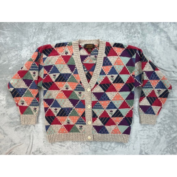 Vintage Eddie Bauer Cardigan Womens Medium Cottagecore Wool Patchwork Sweater - Picture 2 of 13